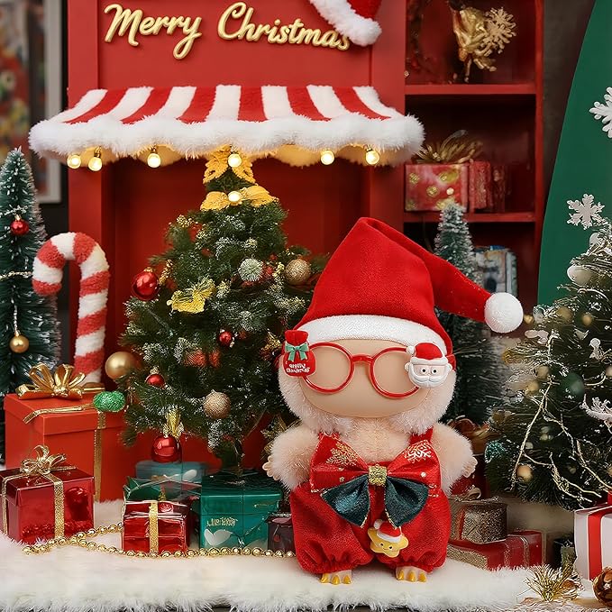 Christmas Clothes for LABUBU Doll (NO Doll), 3-Piece Christmas Overalls Outfits for LABUBU 17cm Dolls, Premium Clothing for LABUBU Unique Dress Up - Christmas Hat + Overalls + Glasses