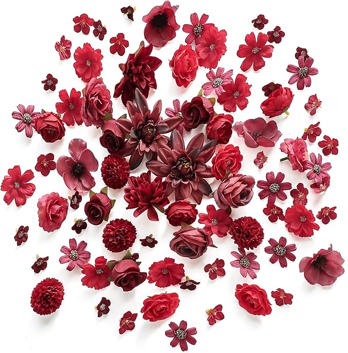 Floroom Mini Artificial Flower Heads Burgundy & Red Fake Peony Daisy Rose Multicolor Small Faux Silk Flower Heads for Cake Craft Garland Wedding Party Graduation Cap DIY Home Decoration, 0.8"-3.6"