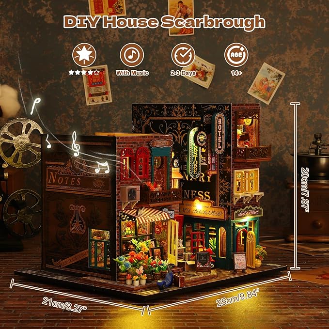 DIY Miniature House Kit, Tiny 3D Wooden Street Scene, Mini Dollhouse Bookshelf Decor Kit with Dustproof Cover & Music Movement, Creative House Craft for Adults, Gift for Family and Friends