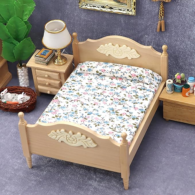 1/12 Dollhouse Bed Miniature Queen Bed Mini Woode Bed for Dollhouse Bedroom Furniture (Wood)