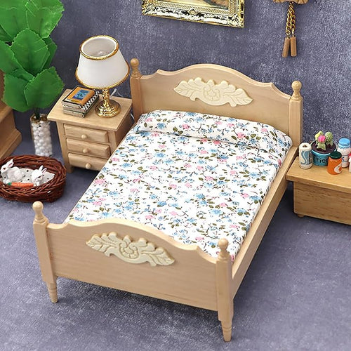 1/12 Dollhouse Bed Miniature Queen Bed Mini Woode Bed for Dollhouse Bedroom Furniture (Wood)