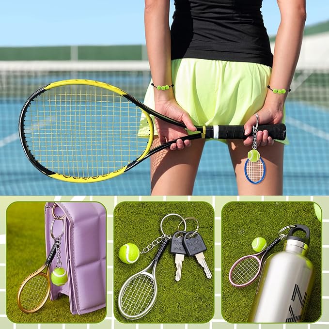 Henoyso 24 Pcs Tennis Gifts Tennis Party Favors 12 Pcs Mini Tennis Racket with Ball Keychain 12 Pcs Sport Theme Beads Charm Braclet Adjustable for Sport Gift Accessories