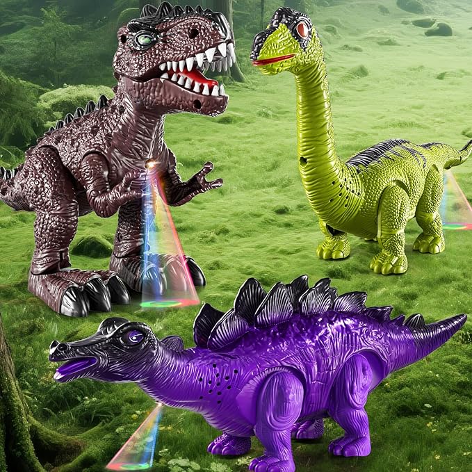 3-Pack Electronic Walking Dinosaur Toys for Toddlers 2-4, Moving Dinosaurs Toys with Lights, Roaring Sounds, T-Rex, Brachiosaurus & Stegosaurus, Xmas Birthday Gift for 2 3 4 5 6 Years Old Boys