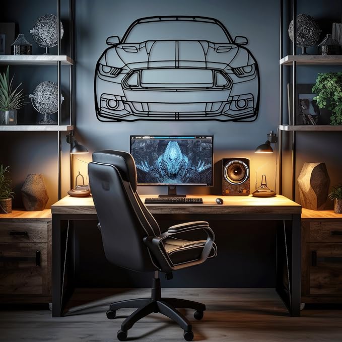 DecoSoul Mustang Metal Car Wall Art, Sports Car, Automotive Silhouette Line Decoration, Minimalist Sculpture for Garage, Indoor Outdoor Wall Hanging, Gift for Boyfriend (Black - 35 x 9.6” inch)