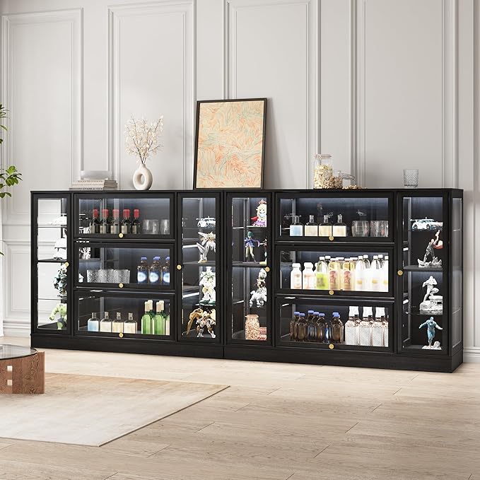 Display Cabinet with Acrylic Glass Doors,Extra Wide Curio Cabinet with LED Lighting for Collectibles, Collectibles Toy Organizers Rack & Display Shelf Display Case, Black