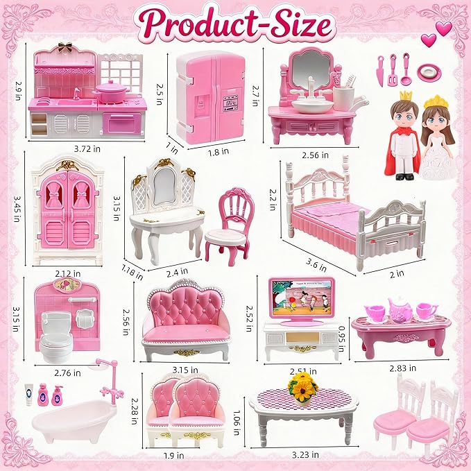52 Pcs Doll House Mini Furniture, Dollhouse Furniture Set Accessories, Kitchen, Bedroom, Living Room, Bathroom Accessories - Miniature Doll House Toy