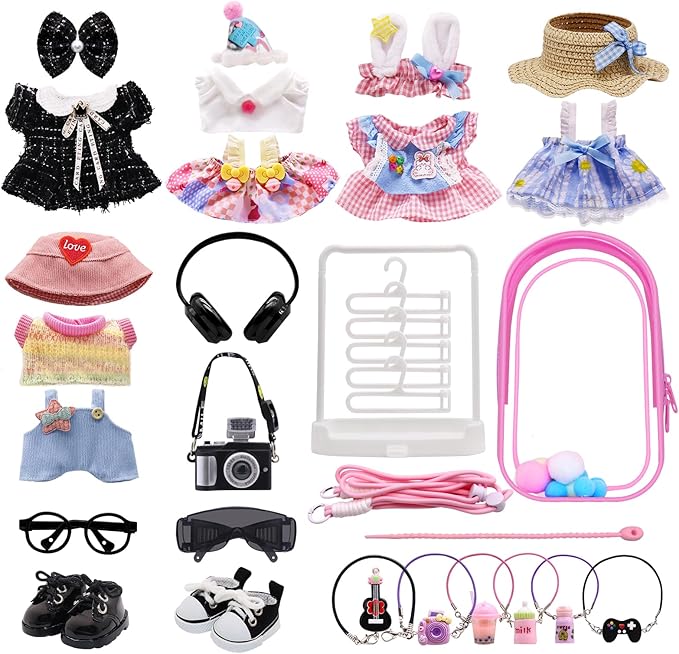 Clothes for Labubu, 23-Piece Clothes and Accessories Set Designed for Labubu Doll Clothes, Includes Display Bag, Clothes Rack, Headphones, Camera, Glasses, Shoes, and 6 Mini Accessories - Style B