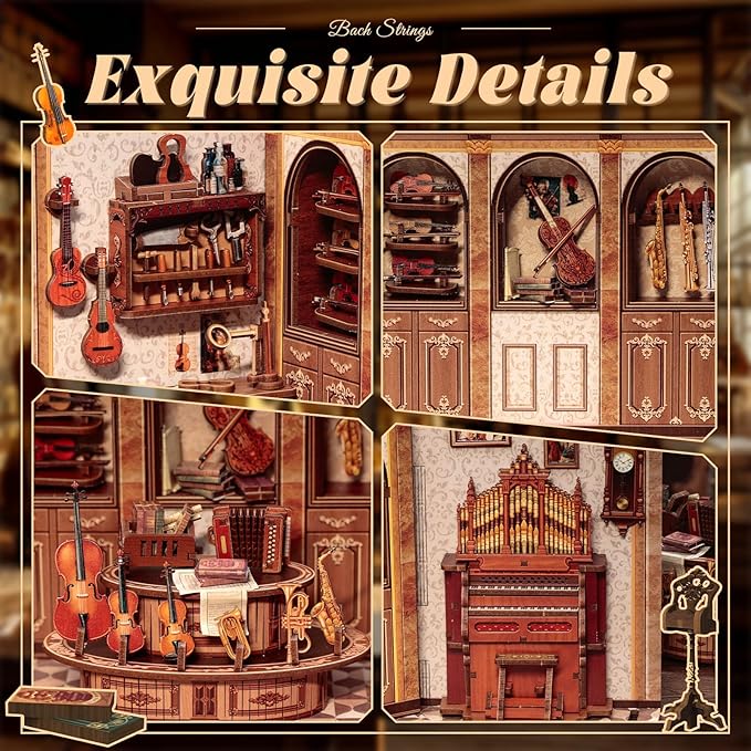 Fsolis Book Nook Kit - DIY Scene Miniature Dollhouse Kit for Adults, Bookshelf 3D Puzzles Booknook Music Tiny House Mini Room Craft Bookshelf Decor Gifts for Women Book Lovers (Bach Strings)
