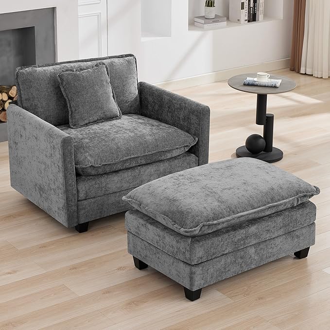 35‘’ Modern Chenille Cloud Sofa Ottoman,Rectangle Ottoman for Modular Sectional Sofa, Grey