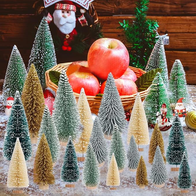Yahpetes Artificial Mini Christmas Trees, 30 Pcs Sisal Snow Pines in 5 Sizes, Crafting Displaying Decoration, Tabletop Xmas Tree for Home, Party