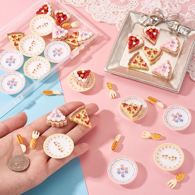 42Pcs Mini Cakes Tableware Kit Decorations Dollhouse Accessories Imitation Miniature Dessert Fork Knife High Tea Resin Cabochons Ornaments Garden Home Party Decorations Crafts Supplies