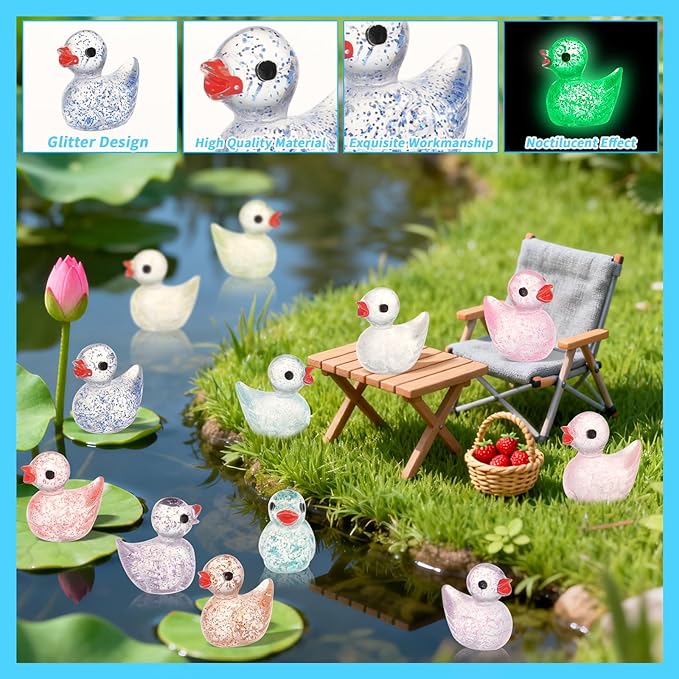 240Pcs Mini Resin Ducks Bulk, Luminous Tiny Duck Figurines for Miniature Dollhouse Decor, Fairy Garden, Aquarium Landscape, DIY Crafts, Party Favors, Hide & Seek Game, Classroom Activities