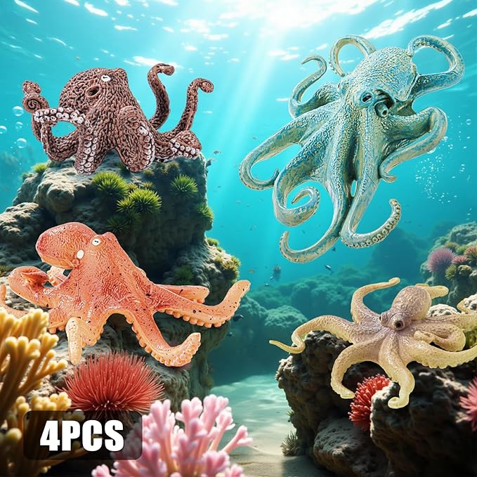 4PCS Octopus Figurines Sea Animal Toys,Plastic Ocean Animals Toys Figures, Realistic Soft Sea Creatures Toys for Kids Boys Girls - Birthday Gifts for Kids Cake Toppers Decoration
