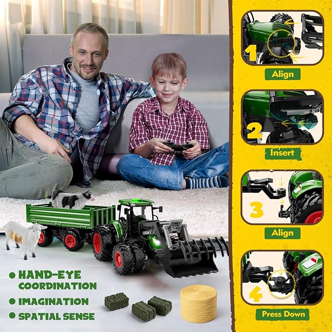 Remote Control Tractor Toy with Trailer | Metal Front & Front Loader Farm Vehicle Set with Lights & 8-Wheel Design, RC Tractor Truck for Boys & Girls Ages 3-9, Fun Farm Toy Gift for Toddlers & Kids