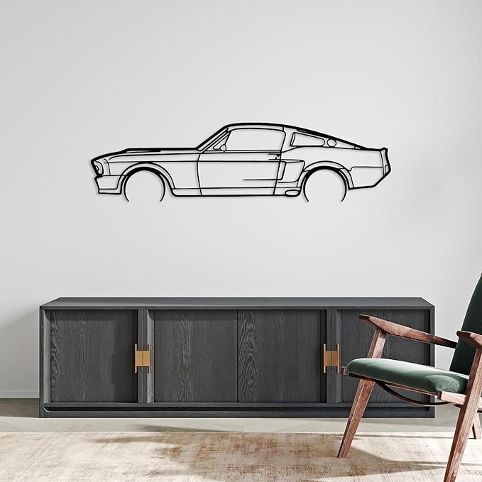 DecoSoul Mustang Metal Car Wall Art, Sports Car, Automotive Silhouette Line Decoration, Minimalist Sculpture for Garage, Indoor Outdoor Wall Hanging, Gift for Boyfriend (Black - 15 x 4.1” inch)