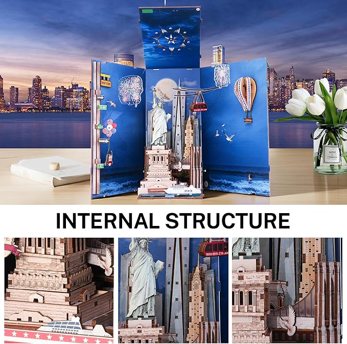 Book Nook Kit, DIY Miniature House Dollhouse Crafts Kit for Adults and Teens, The Statue of Liberty New York Cityline 3D Wooden Puzzle Booknook Build Bookshelf Decor Gifts（Liberty's Legacy）