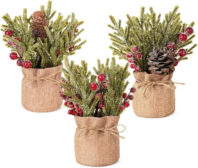 Velener Artificial Christmas Flowers for Outdoor-3 Pcs Faux Pine Branches with Red Berries & Pinecones, Fake Christmas Greenery Stems with Burlap Bag Vase, Winter Norfolk Pine Branches for Indoor