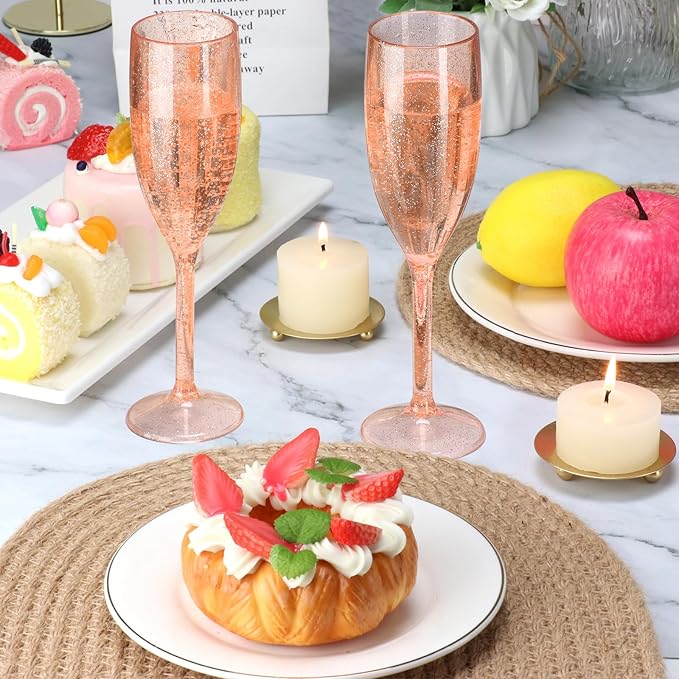 XUWAIDSGN 24 Pcs Reusable Champagne Flutes Plastic Wine Glasses Bulk Vintage Champagne Flutes Mimosa Bar Glasses Stemmed Drinking Cups 5.4OZ for Christmas Birthday Wedding Bride