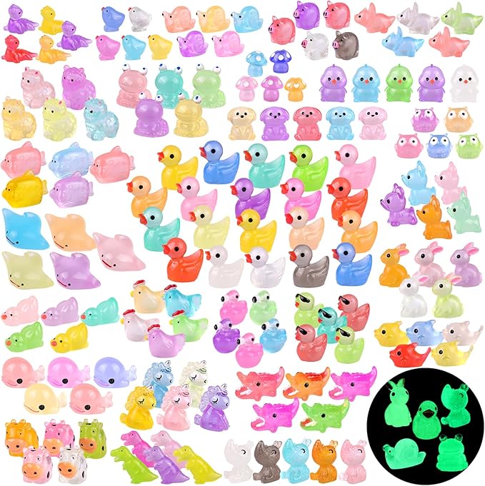 150PCS Mini Resin Animals Tiny Cute Figurines Glow in Dark, Miniature Figures to Hide, Little Animal Small Accessories for Topper Desk Garden Dollhouse Landscape Aquarium Ornaments Crafts & Decor