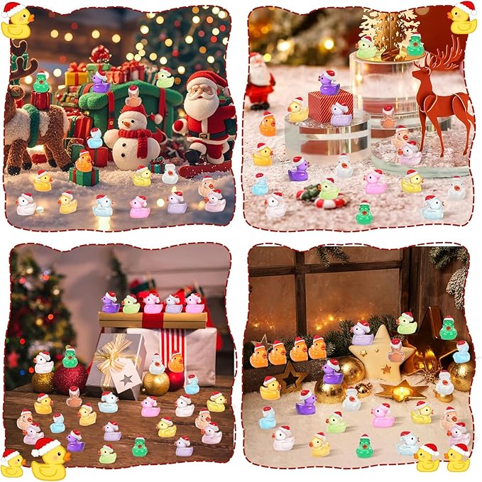 160Pcs Luminous Christmas Mini Ducks, Glow in The Dark Xmas Mini Resin Ducks with Santa Hats, 16 Colors Tiny Ducks Bulk for Micro Fairy Garden DIY Miniature Dollhouse Decor