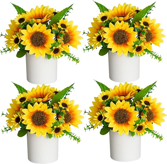 XONOR Artificial Flowers – 4Pcs Potted Mini Fake Sunflowers for Home Decor Party Wedding Office Patio Table Desk Decoration