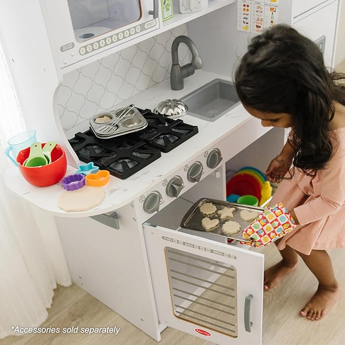 Melissa & Doug Wooden Chef's Kitchen Set for Kids with Play Kitchen Accessories & “Ice” Cube Dispenser, Preschool Learning Toys for Girls & Boys 3+, Cloud White - FSC Certified