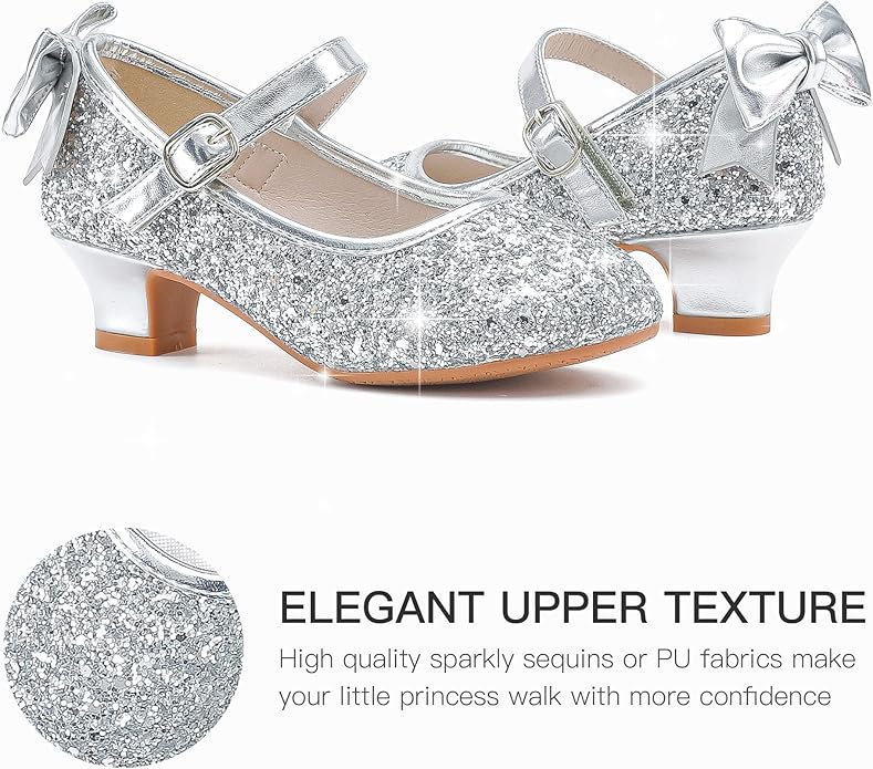 Dufannie Girls Dress Shoes Low Heel Princess Flats Mary Jane Flower Wedding Party Glitter Shoes for Kids Toddler
