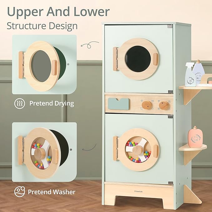 Pillowhale Wooden Washer-Dryer Playset for Kids – 2-in-1 Laundry Center Toy, Dual-Opening Doors, Spinning Drum & Click-Knobs, Basket + Iron Accessories – Montessori Pretend Play Gift Ages 3-6