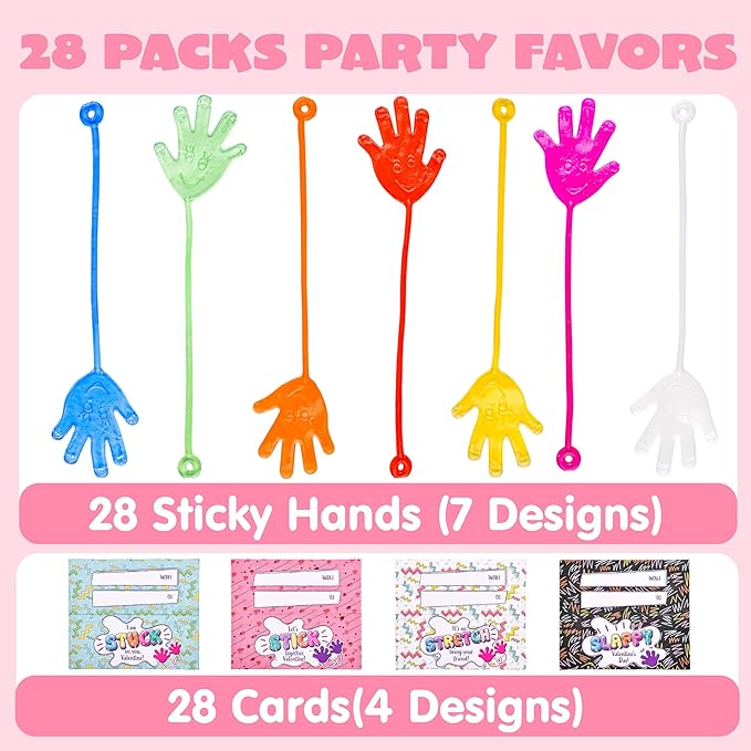 JOYIN 28 Packs Valentines Day Sticky Hands with Card Headers for Kids Party Favor, Classroom Exchange Prizes, Valentine’s Day Greeting Cards, Party Favors and Exchange Gifts