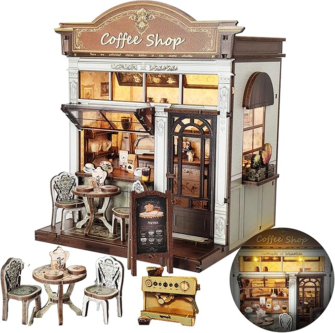 DIY Miniature House Kit – Mini Dollhouse Kit with LED for Beginners Adults, Book Nook Model Building Craft Diorama Kits Ideal Christmas Birthday (Coffee Shop)
