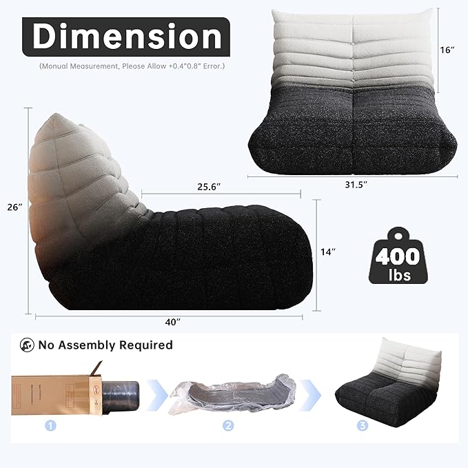 Memory Foam Bean Bag Chair for Adults, Teddy Material Beanbag Sofa with Filler, Cozy Floor Lounge Seat for Living Room, Bedroom, Dorm, Office (Black White)