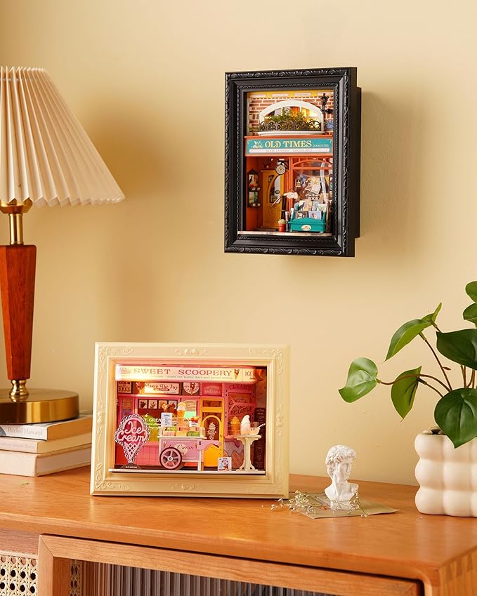 Rolife 3D Diorama Frame, Wall-Mounted Shadow Box & Dollhouse Display Case for & Christmas Decor, Quick-Build Unfinished Kit, Christmas Memorial Gift for Families (Sweet Scoopery Ice Cream)