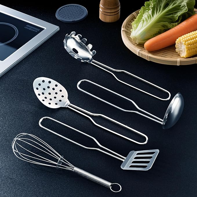12Pcs Kids Pretend Play Kitchen Accessories Toy Stainless Steel Metal Pots and Pans Playset with Rack Mud Kitchen Accessories Toy Pots and Pans for Kids Toddler Age 3 Years Old