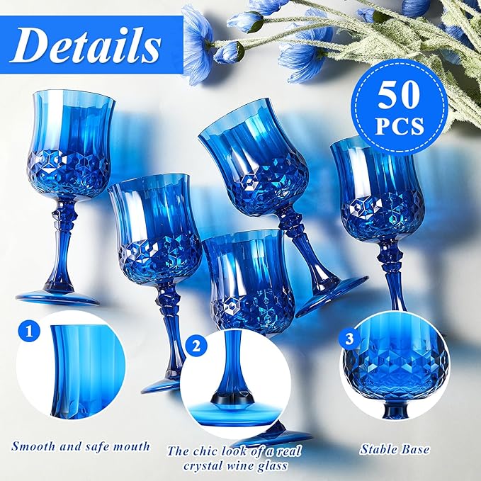 Pinkunn 50 Pcs 7 oz Plastic Vintage Wine Glasses Reusable Colored Goblets Patterned Drinking Water Glasses Cup Dishwasher Safe for Valentine's Day Wedding Reception Party Supplies (Dark Blue)