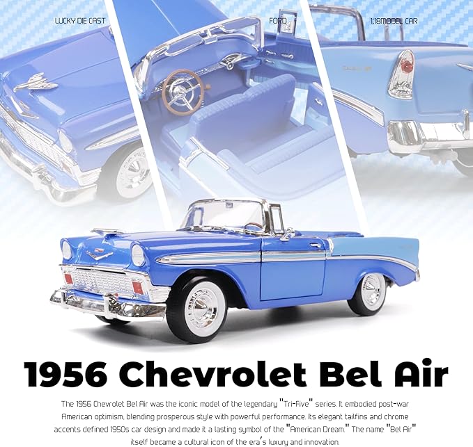 1956 Chevrolet Bel Air 1/18 Scale Die-Cast Metal Model Premium Classic Vintage Alloy Cars with Display Case, with Opening Doors, Best Gift for Men, Dad 14+ Years (Blue)