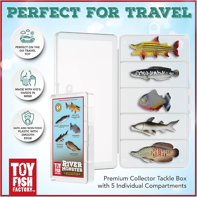 River Monster Collection Toy Fish Set With Collector Case | Piranha | Arapaima | Goliath Tigerfish | Giant Snakehead | Goonch Catfish Toy Miniature Figurine Fish by Toy Fish Factory