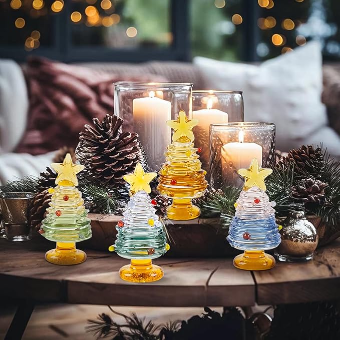 dolitify 4Pcs Mini Christmas Tree Glass Figurine Set, Mini Hand Artificial Glass Christmas Tree Traditional Craftsmanship Holiday Tabletop Decoration Gift Home Decor Craft Party (1)