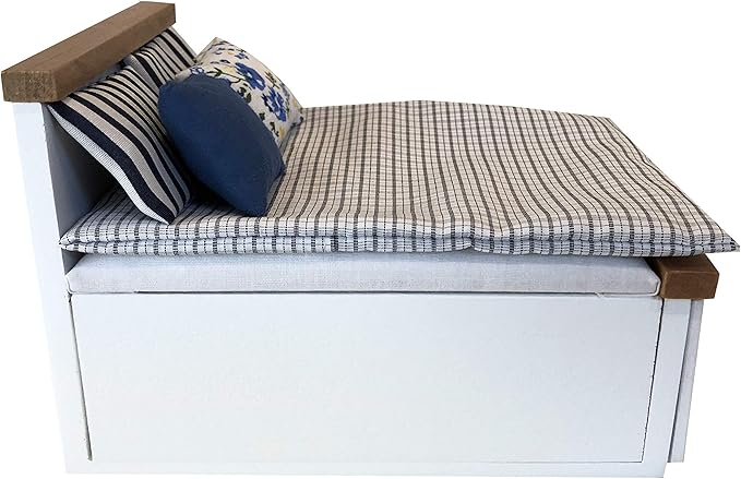 Dollhouse Furniture Queen Bed Set, mini Bedroom Accessories for 6 inch Dolls, Grey Bedding, White Wooden Frame, 1/12 Scale