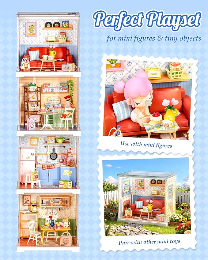 ROBOTIME Super Creator Kits, Plastic Mini House, Expandable Plastic Craft, DIY Miniature House Kit, Tiny Living Room Making Kit Model Craft Hobby Unique Gift (Country Blue Lounge)
