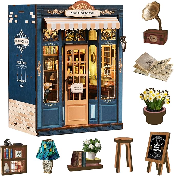 Book Nooks Kit for Adults, 3D Wooden Puzzle Miniature Dollhouse, DIY Bookend Holiday Craft Kits for Family&Friends, Unique Booknook Tiny Home Gifts for Men Women Teens, Bookshelf Decor Model