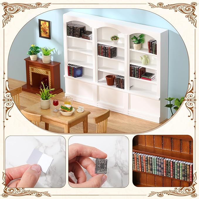 1:12 Scale Dollhouse Miniature Wooden Bookshelf with 48 Pcs Miniatures Books, Mini Bookcase Tiny Books for Dollhouse Mini Library Furniture Christmas Decoration Gift(White)