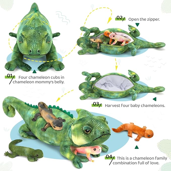 5Pcs Giant Lizard Plush, 27" Mother Iguana Stuffed Animal with 4 Baby Lizard Plushies, Bearded Dragon Plush Toy for Kids Boys Girls, Stuffed Chameleon for Christmas Birthday Gift