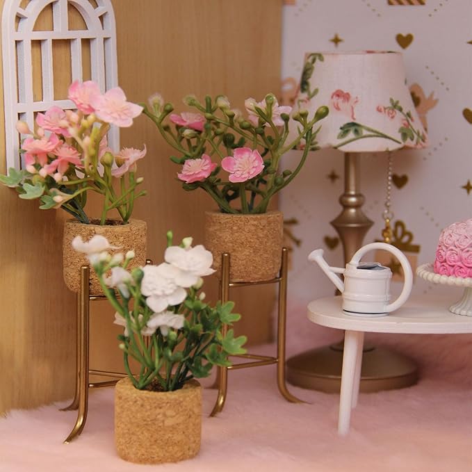 Funky Mini House Miniature Dollhouse Plant Pot Stand & Fake Flower Pot Bundle (2 Packs) – 1:12 Scale Tiny Home Decor, Ideal Gift for Collectors (Gold)