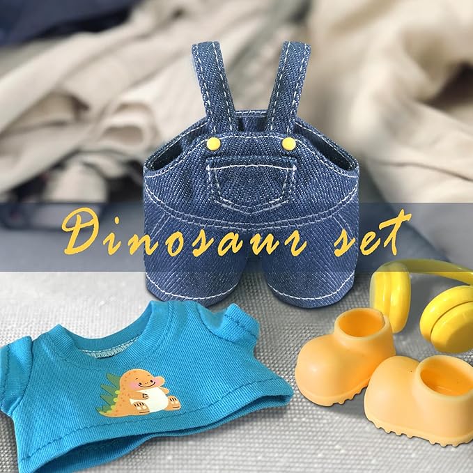 Clothes for 6.7in/17cm Dolls (Without Dolls) Sets and Accessories,4PCS (Over-Ear + Denim Overalls + T-Shirt + Shoes), Collectors and As Gifts. (Dinosaur Overalls)