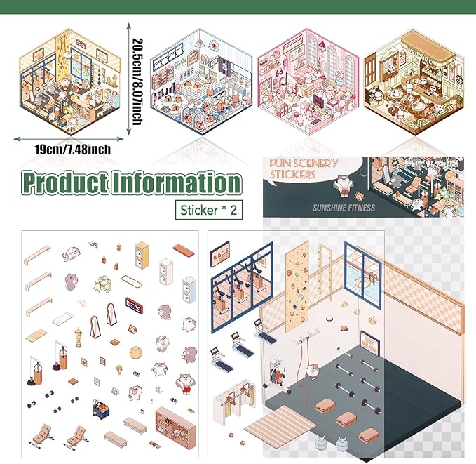 DIY 3D House Stickers, 4 Set Fun DIY Stickers Scene Make Your Own Warm Home, Supermarket, Coffee Shop, Music Bar, Cute 3D Cartoon Scene Stickers for Adult Kids Relief Stress Pass The Time (XMPLUS)