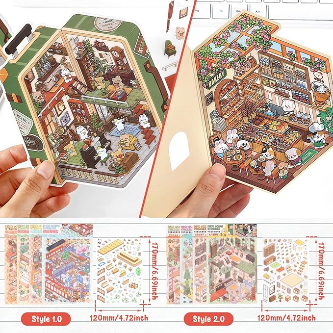 DIY 3D Sticker Scene, 8 Sets Fun DIY 3D House Stickers, Make Your Own Mini Room Scenes, Cute Cartoon 3D Miniature Scene Stickers Book, 3D Sticker Therapy for Adults Kids Relief Stress Pass The Time