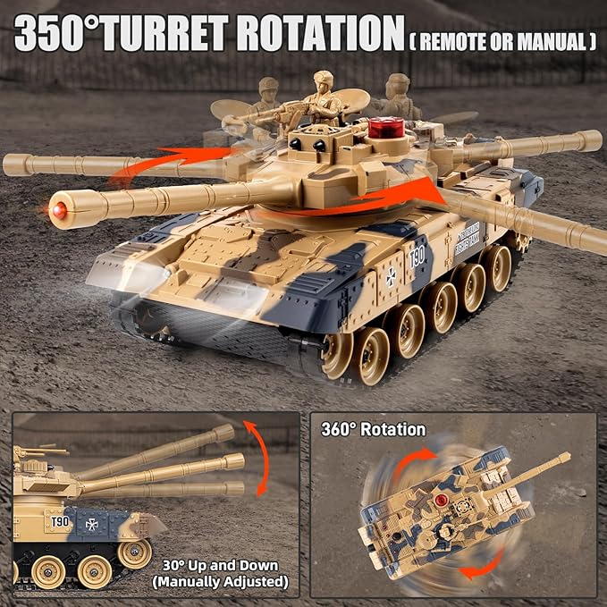 1/24 RC Battle Tank Set, Remote Control Chinese Type 99 and Russian T90 Army Toy That Shoots for Kids and Adults, 2.4G RC Vehicle Model Tank 6+ Year Old with Sound, Smoke and Lights