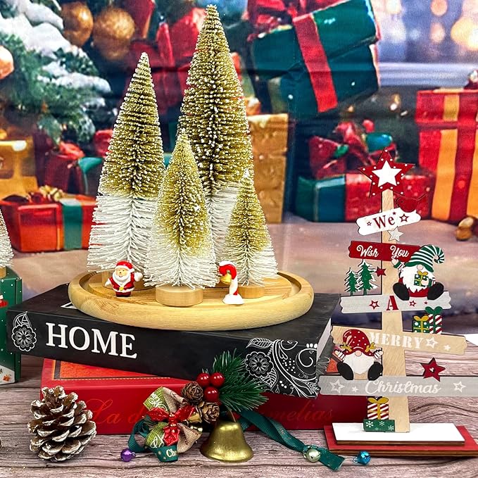 MTKZKAF Mini Christmas Trees Bottle Brush Christmas Trees for Christmas Decorations Multicolor Table Top Gradient Christmas Tree with Wooden Base (Gold+White)