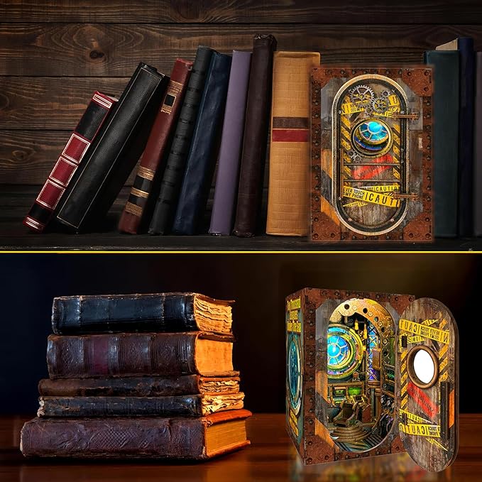 DIY Book Nook Kit - 3D Wooden Puzzle Miniature Dollhouse with LED Light Set Dust Cover,Miniature House Kit for Bookshelf Insert Decor Crafts for Adults Teen Gift-10000 Leagues Under The Sea（SQ-39）