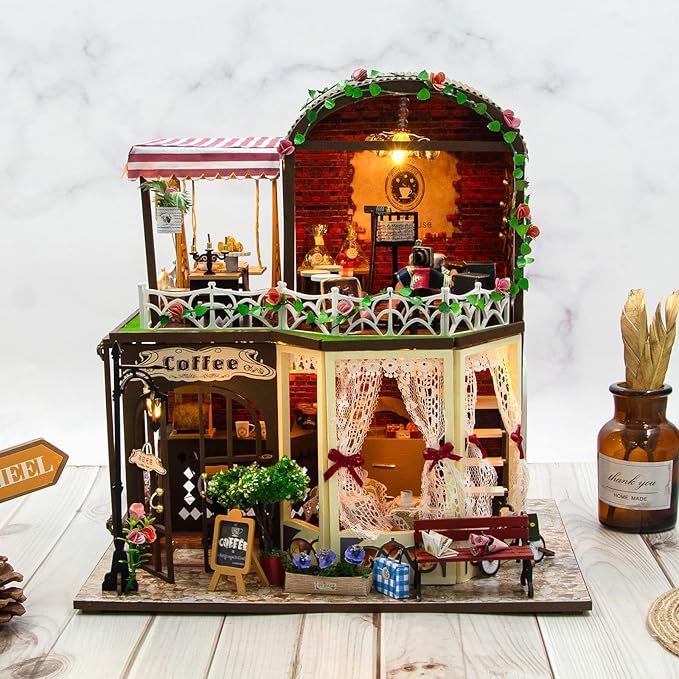 DIY Miniature House Kit, Dollhouse Kit with LED Light, Mini House Building Kits for for Adult to Building, Christmas Home Decorations Gifts for Family and Friends, Coffee Bar